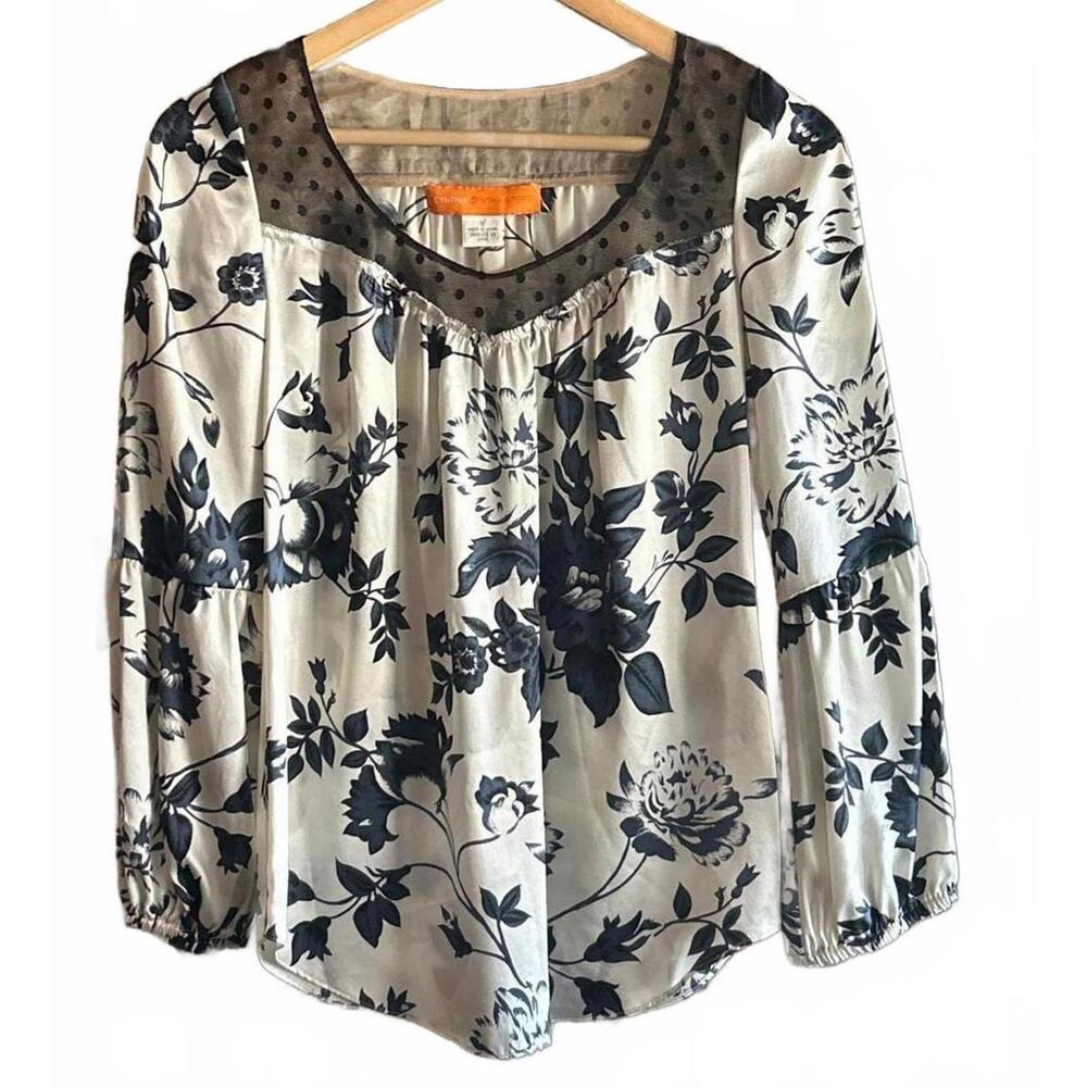 Cynthia Steffe Peasant Top Sz 0 Beige Navy Floral Sheer Round Neckline Bohochic